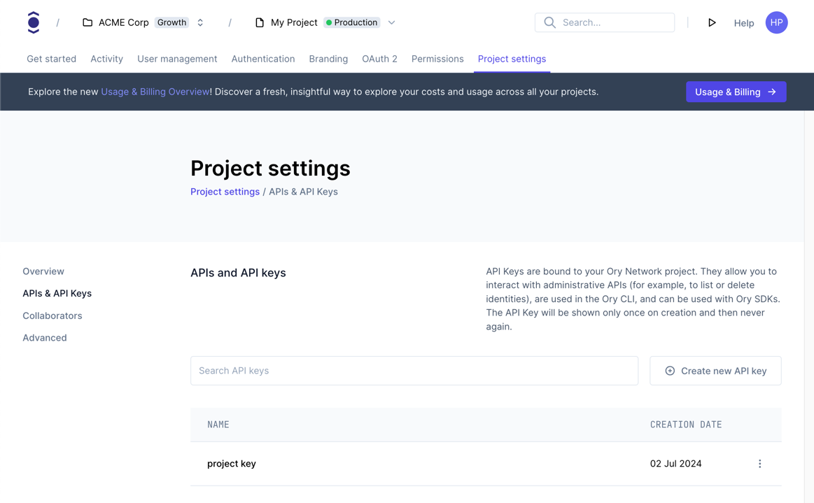 Configure project API keys in the Ory Console